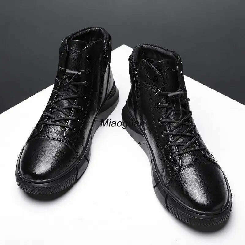 KIMLUD, Ankle Boots Black PU Leather Men&#39;s Sports Shoes Autumn Winter Comfortable High-top Casual Fashion Platform Boots Man Round Head, KIMLUD Womens Clothes