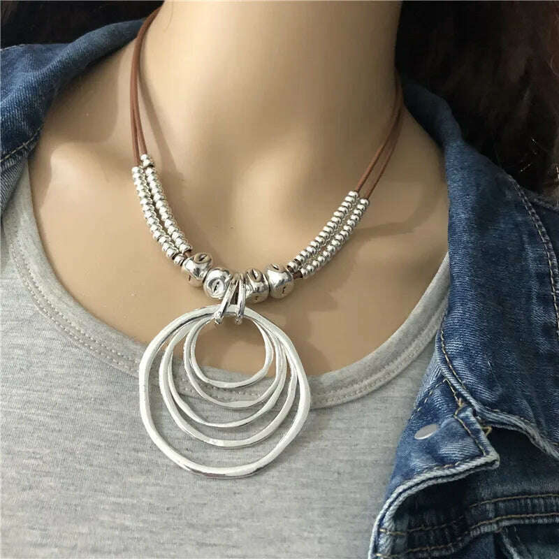 KIMLUD, Anslow Trendy Round With Pendant Neckalce For Women Vintage Boho Genuine Leather Necklace Valentine's Day Gift LOW0022AN, KIMLUD Womens Clothes