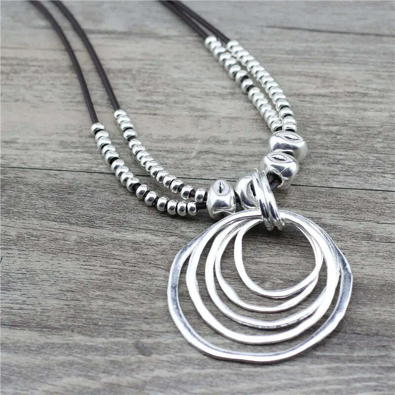 KIMLUD, Anslow Trendy Round With Pendant Neckalce For Women Vintage Boho Genuine Leather Necklace Valentine's Day Gift LOW0022AN, KIMLUD Womens Clothes