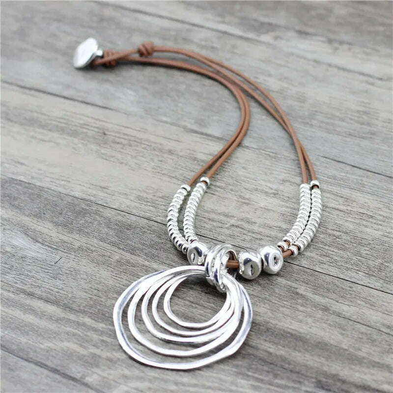 KIMLUD, Anslow Trendy Round With Pendant Neckalce For Women Vintage Boho Genuine Leather Necklace Valentine's Day Gift LOW0022AN, KIMLUD Womens Clothes
