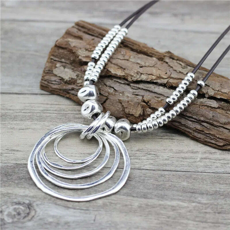 KIMLUD, Anslow Trendy Round With Pendant Neckalce For Women Vintage Boho Genuine Leather Necklace Valentine's Day Gift LOW0022AN, KIMLUD Womens Clothes