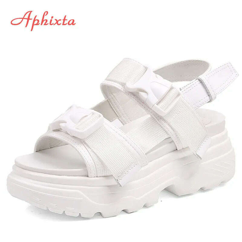 KIMLUD, Aphixta 8cm Platform Sandals Women Wedge High Heels Shoes Women Buckle Leather Canvas Summer Zapatos Mujer Wedges Woman Sandal, White-Hot sale / 4 / China, KIMLUD Women's Clothes