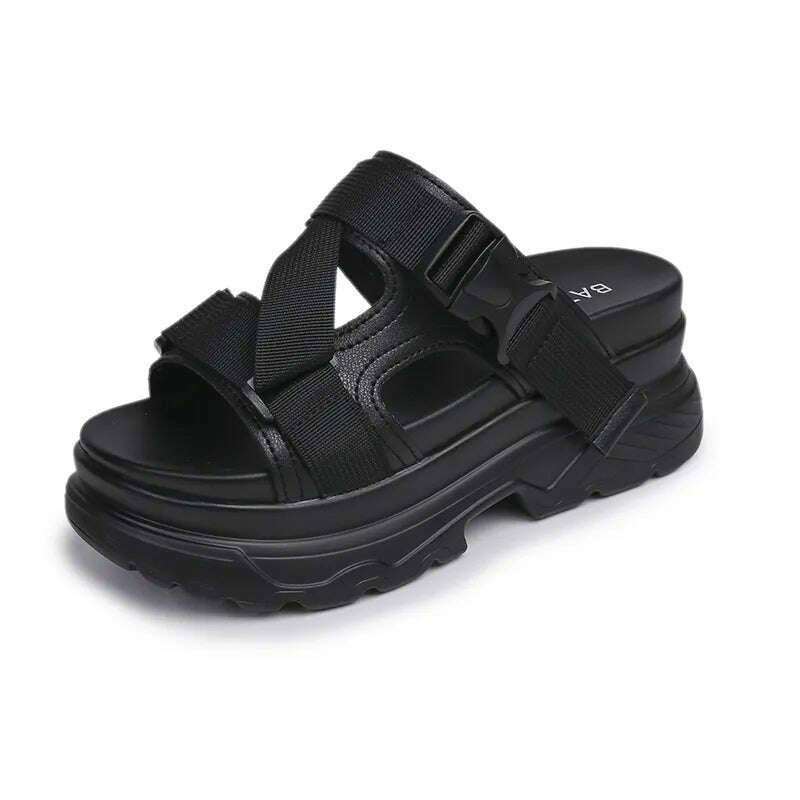 KIMLUD, Aphixta 8cm Platform Sandals Women Wedge High Heels Shoes Women Buckle Leather Canvas Summer Zapatos Mujer Wedges Woman Sandal, Black-Slipper / 4 / China, KIMLUD Women's Clothes