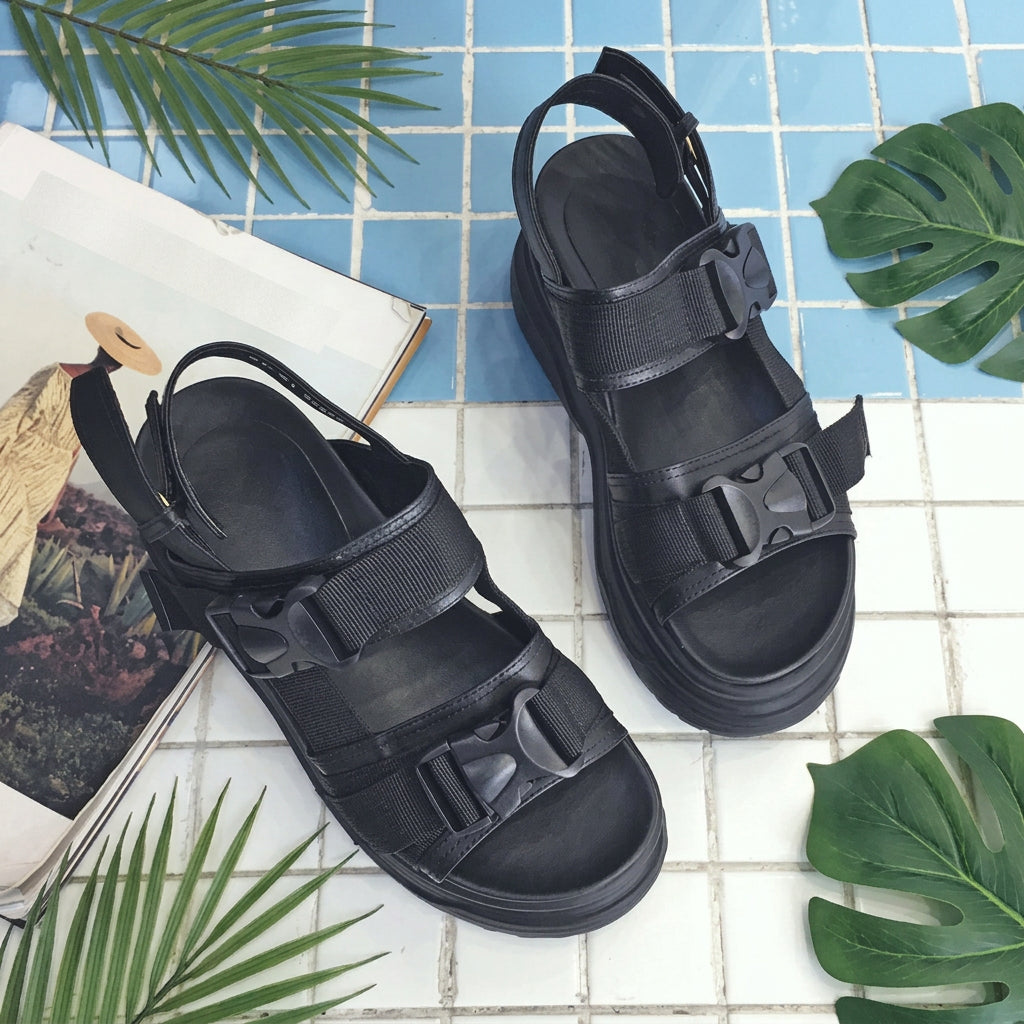 KIMLUD, Canvas Platform Sandals 8cm Wedge Buckle — Black | KIMLUD, KIMLUD Womens Clothes
