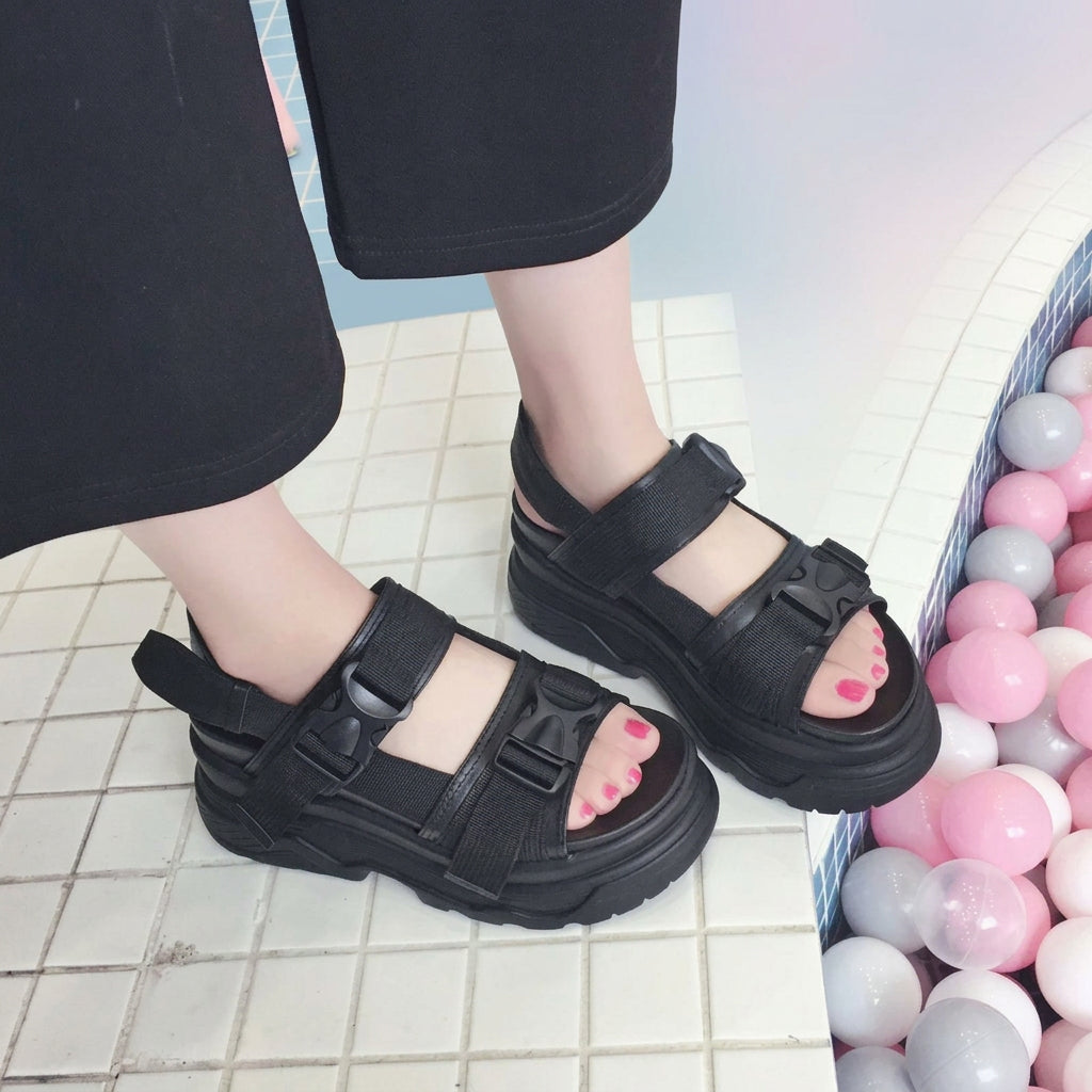 KIMLUD, Canvas Platform Sandals 8cm Wedge Buckle — Black | KIMLUD, KIMLUD Womens Clothes