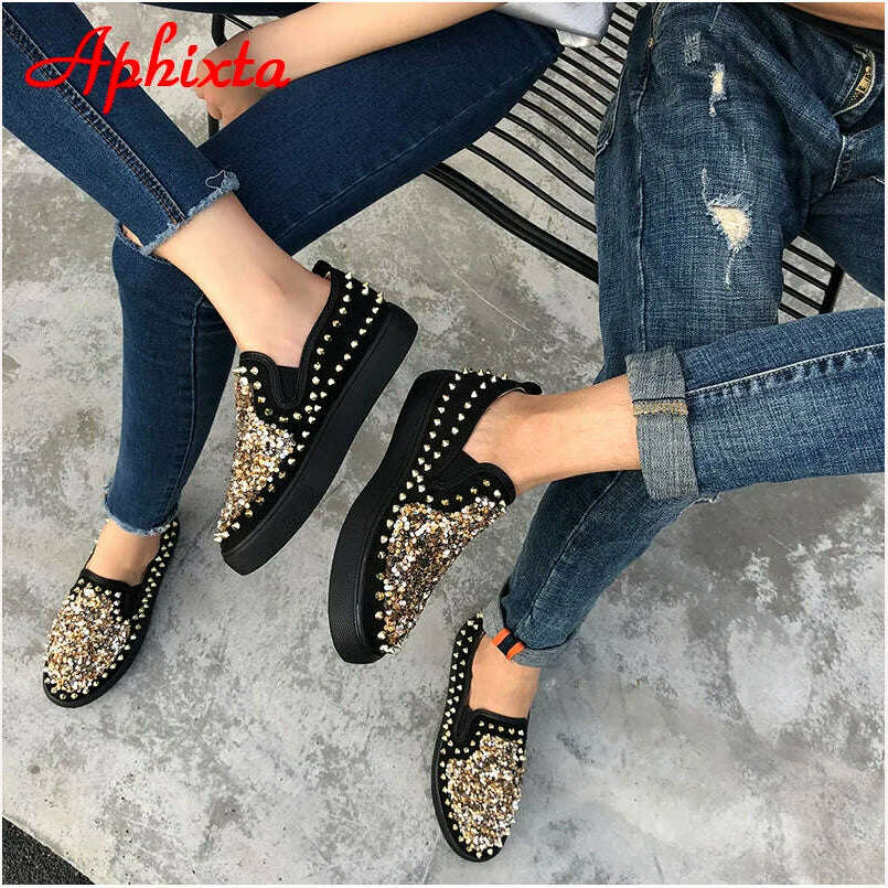 KIMLUD, Aphixta Flat With Shoes Women Men Flats Sequined Cloth Revits Couple Platform Woman Shoes Bling Crysta Black Flat Heels Shoe, KIMLUD Womens Clothes