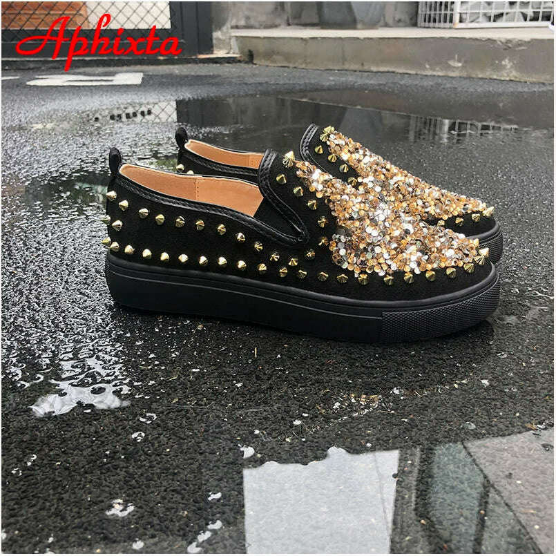 KIMLUD, Aphixta Flat With Shoes Women Men Flats Sequined Cloth Revits Couple Platform Woman Shoes Bling Crysta Black Flat Heels Shoe, KIMLUD Womens Clothes