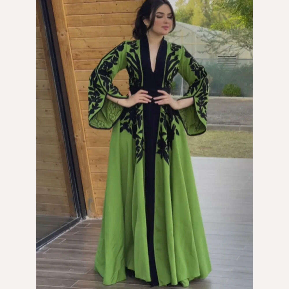 KIMLUD, Arab Muslim Dress Spring New Embroidery V-Neck Moroccan Kaftan Women Fashion New Slim Ramadan Festival Party Green Robe Clothing, Green / M, KIMLUD Womens Clothes