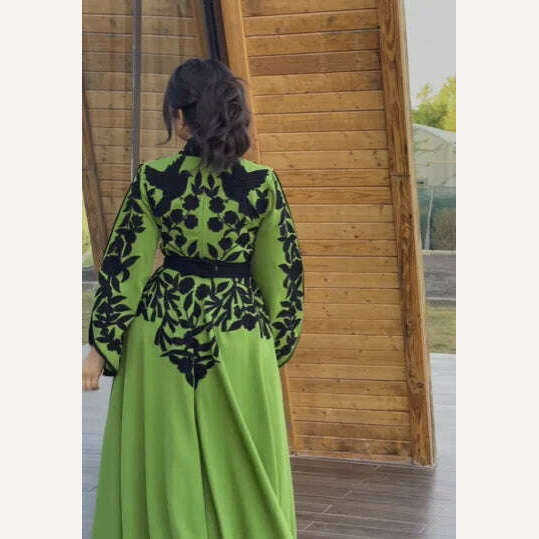 KIMLUD, Arab Muslim Dress Spring New Embroidery V-Neck Moroccan Kaftan Women Fashion New Slim Ramadan Festival Party Green Robe Clothing, KIMLUD Womens Clothes