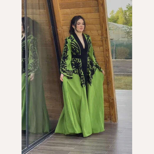 KIMLUD, Arab Muslim Dress Spring New Embroidery V-Neck Moroccan Kaftan Women Fashion New Slim Ramadan Festival Party Green Robe Clothing, KIMLUD Womens Clothes