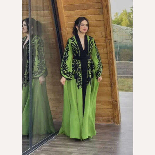 KIMLUD, Arab Muslim Dress Spring New Embroidery V-Neck Moroccan Kaftan Women Fashion New Slim Ramadan Festival Party Green Robe Clothing, KIMLUD Womens Clothes