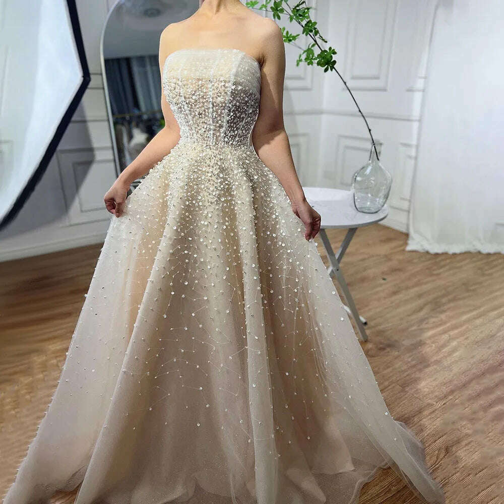 Arabic Beige Sexy A Line Beaded Elegant Long Evening Dresses Gowns For Women Wedding Party With Gloves 2023 BLA72009 Serene Hill - KIMLUD
