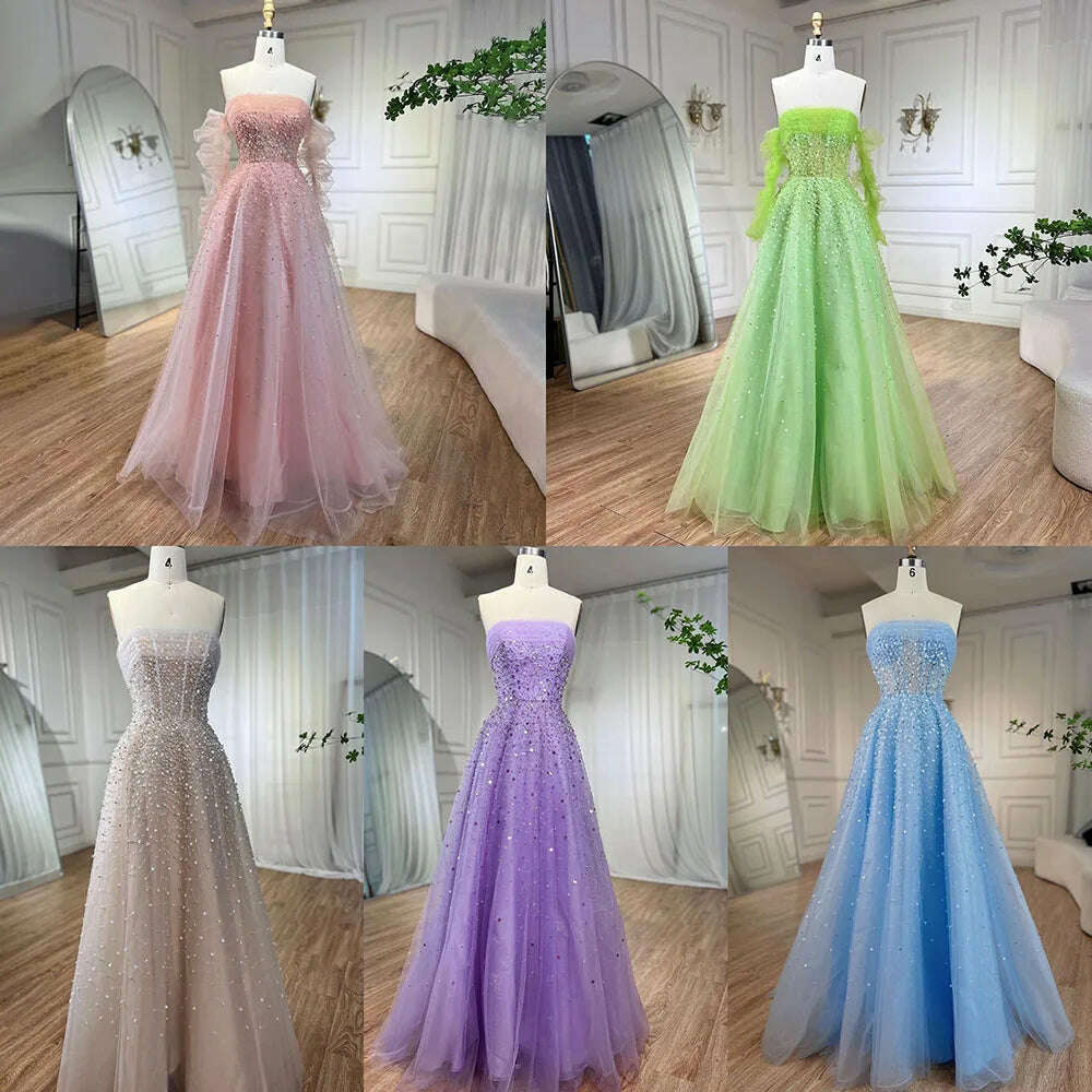 Arabic Beige Sexy A Line Beaded Elegant Long Evening Dresses Gowns For Women Wedding Party With Gloves 2023 BLA72009 Serene Hill - KIMLUD