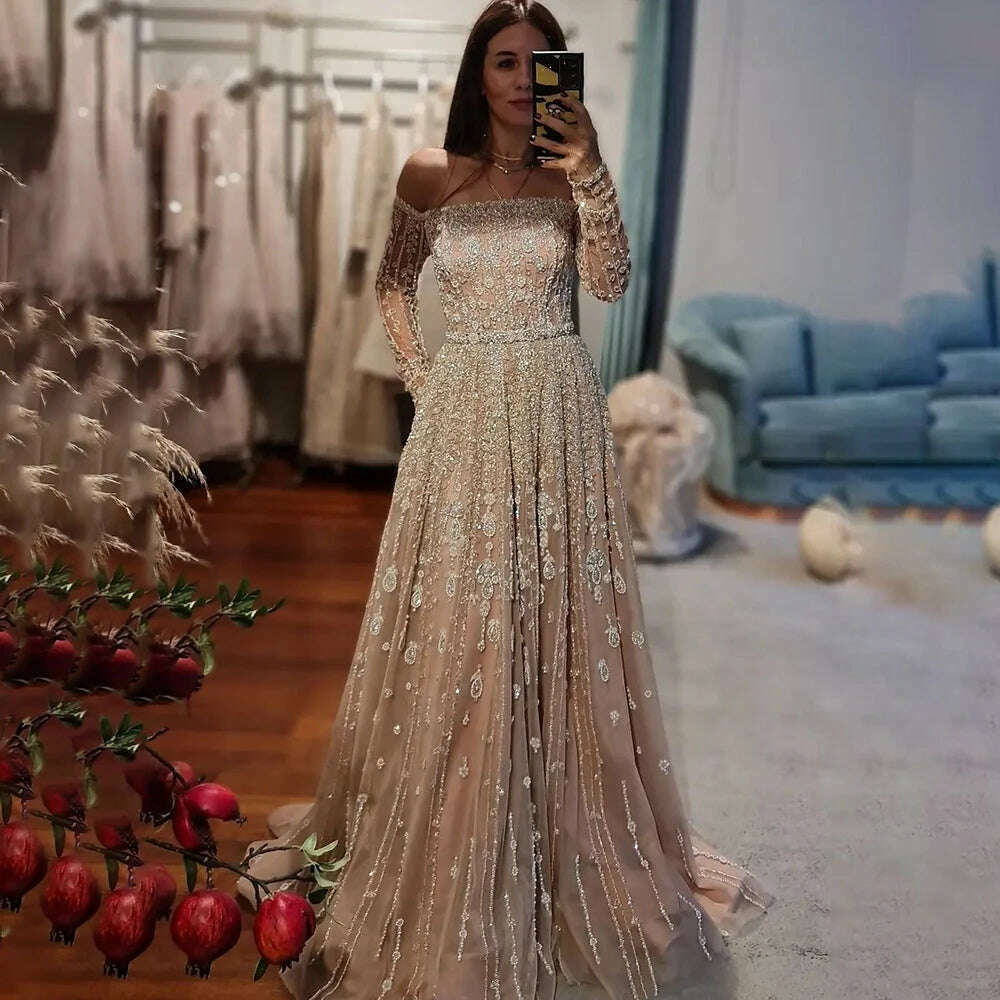 KIMLUD, Arabic Nude Sexy Boat Neck A Line Beaded Long Evening Dresses Gowns For Women Wedding Party Plus Size 2023 BLA71803B Serene Hill, Pink / 16, KIMLUD Womens Clothes