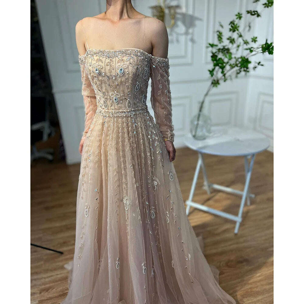 KIMLUD, Arabic Nude Sexy Boat Neck A Line Beaded Long Evening Dresses Gowns For Women Wedding Party Plus Size 2023 BLA71803B Serene Hill, KIMLUD Women's Clothes