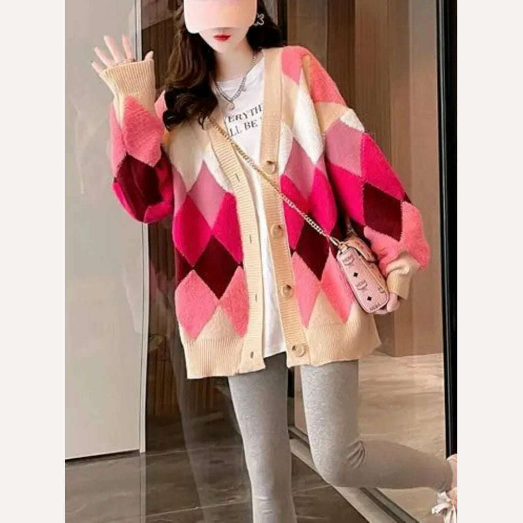 KIMLUD, Argyle Cardigan Women Knitted Sweater Loose Single Breasted Students V-neck Lovely Knitwear Korean Oversize Cardigan Winter Tops, KIMLUD Women's Clothes