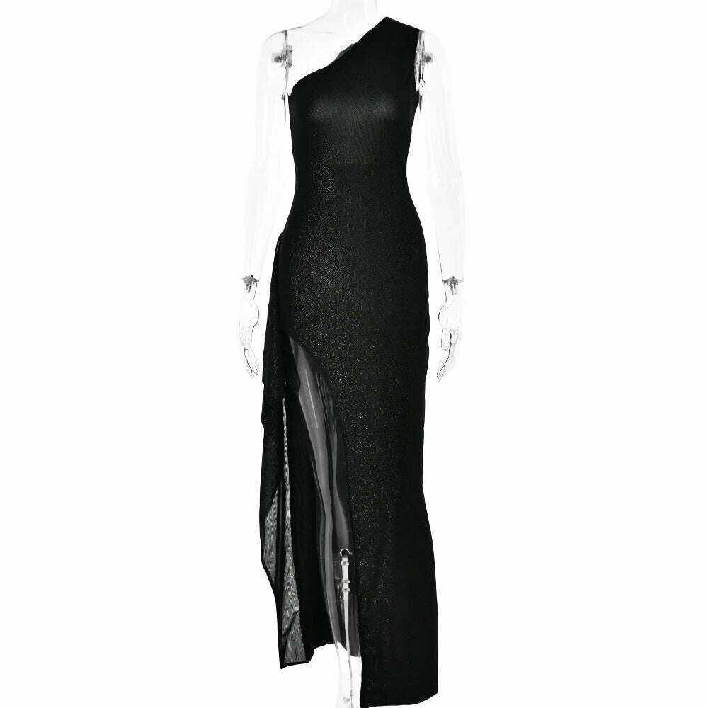 KIMLUD, Articat Fashion New One Shoulder High Split Dress Women Bodycon Shiny Backless Elegant Evening Dress Female Charming Party Club, black / S, KIMLUD Womens Clothes