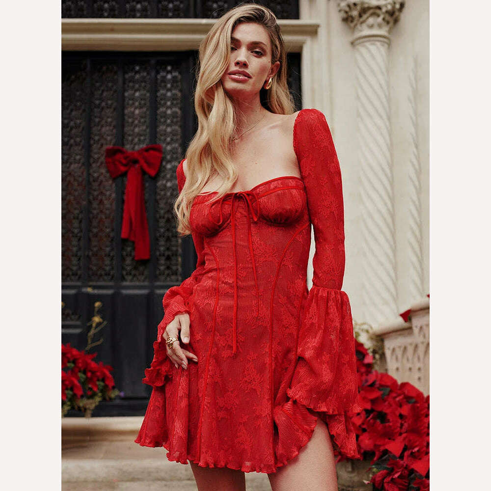 KIMLUD, Articat Temperament Christmas Red Long Sleeved Dress Women Lace Patchwork Ruffled Edge Mini Dress Female Bodycon Party Evening, KIMLUD Women's Clothes