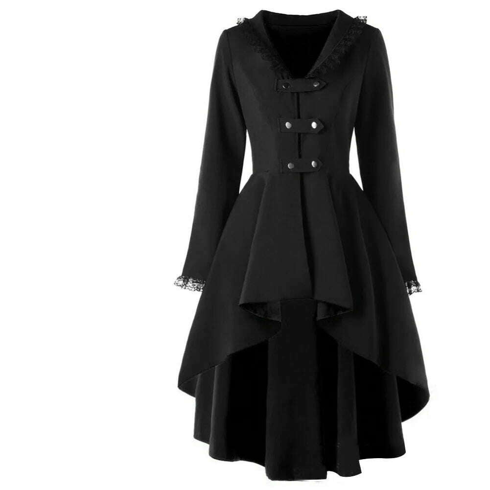 Asymmetrical Lace Patchwork Bandage Trench Gothic Vintage Mid-long Coat Women Black Belt Cloak Windbreaker Female Abrigos Brazil - KIMLUD