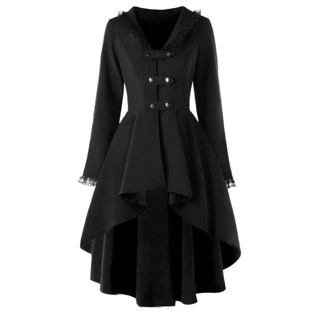 Asymmetrical Lace Patchwork Bandage Trench Gothic Vintage Mid-long Coat Women Black Belt Cloak Windbreaker Female Abrigos Brazil - KIMLUD