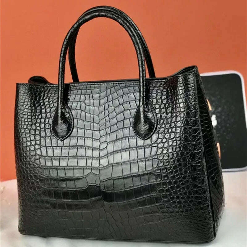 KIMLUD, Authentic Crocodile Belly Skin Women's Black Handbag Genuine Exotic Alligator Leather Female Totes Purse Lady Large Shoulder Bag, Black, KIMLUD Women's Clothes