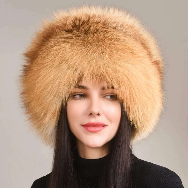 KIMLUD, Autumn and winter 2023 New Women's Genuine Natural Fox Fur Cap Russian Fur Hat Real Fox Fur Hat Dome Mongolian Hat, KIMLUD Women's Clothes