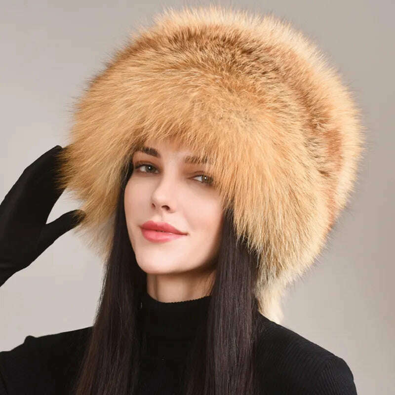 KIMLUD, Autumn and winter 2023 New Women's Genuine Natural Fox Fur Cap Russian Fur Hat Real Fox Fur Hat Dome Mongolian Hat, red fox fur / 54-56cm, KIMLUD Womens Clothes