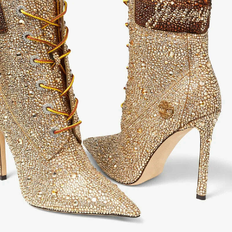 KIMLUD, Autumn and Winter New Rhinestone Pointed Head Strap Short Tube Thin Boots Slim High Heel Party Dress Large Customized Women Boot, KIMLUD Womens Clothes
