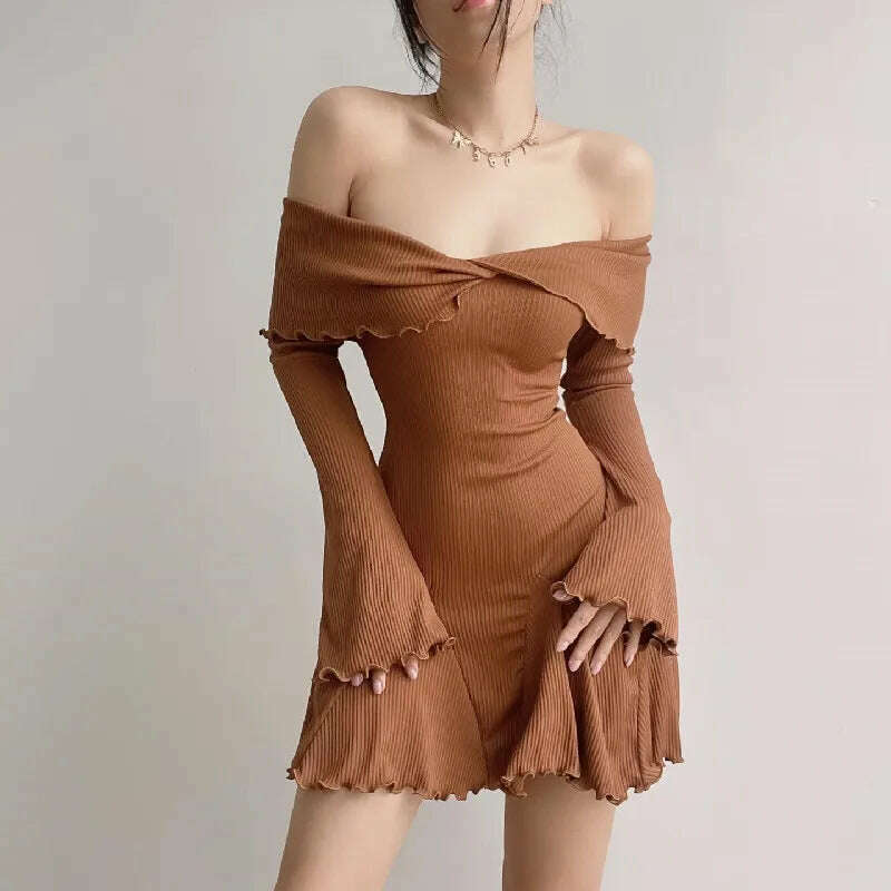 KIMLUD, Autumn Black A-LINE Dress Women Streetwear Sexy Strapless Off Shoulder Long Sleeves Knitting Mini Dresses Club Elegant Partywear, KIMLUD Womens Clothes