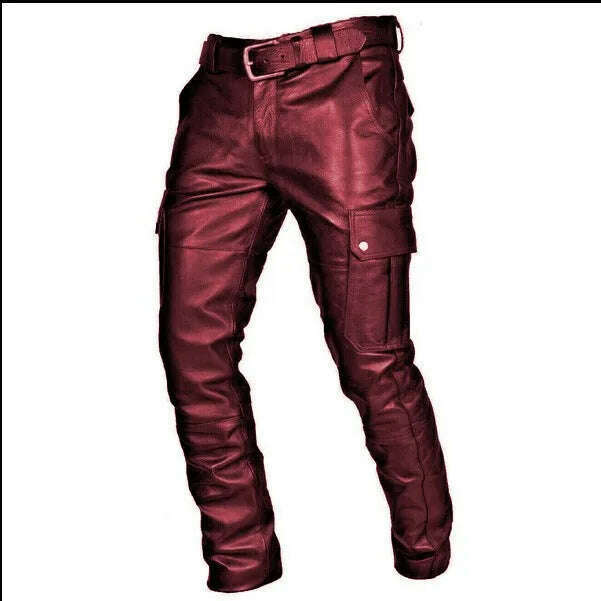 KIMLUD, Autumn Black Leather Pants for Men Pu Casual Slim Fit Skinny Pants Motorcycle Leather Pants Punk Male Riding Straight Trousers, S / Red / Pack of 1, KIMLUD Womens Clothes