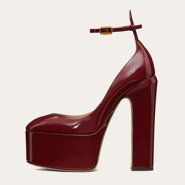 KIMLUD, Autumn Brand New Fashion Rhinestone Pumps for Woman Elegant Peep Toe Patent Platform Sandals Party Classics Big Size Shoes 43, claret / 35, KIMLUD Womens Clothes