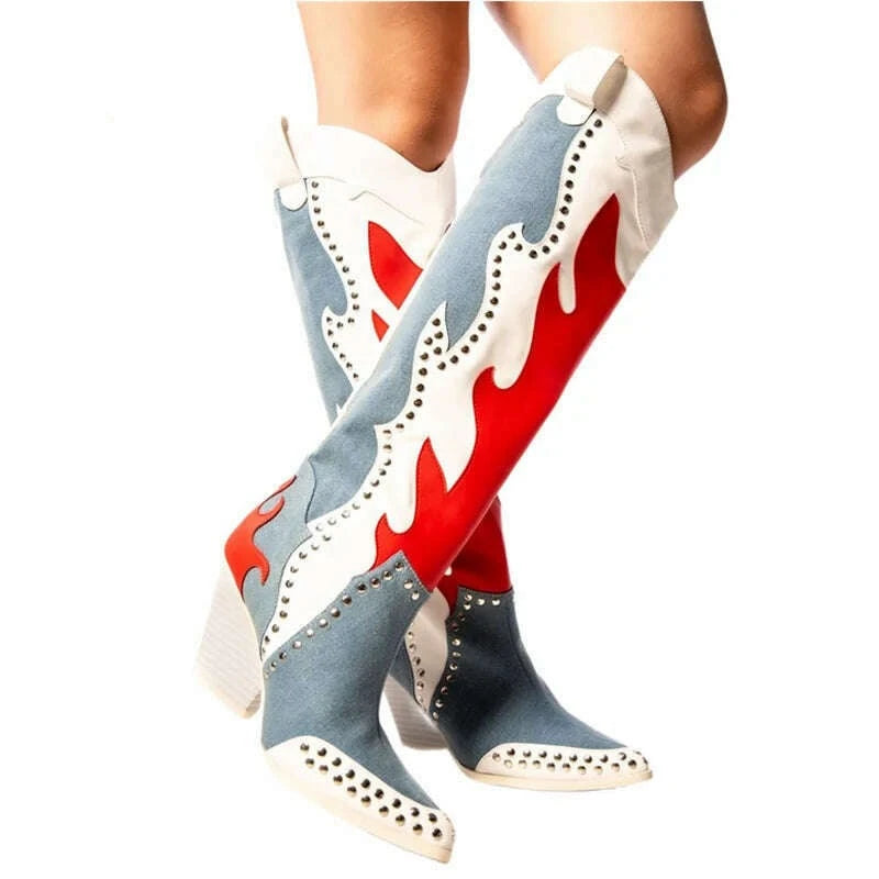 KIMLUD, Autumn Chunky Heels Studded Cowboy Boots Women Sexy Pointed Toe Knee High Boots Mixed Color Western Cowgirl Boots Botas De Mujer, KIMLUD Womens Clothes