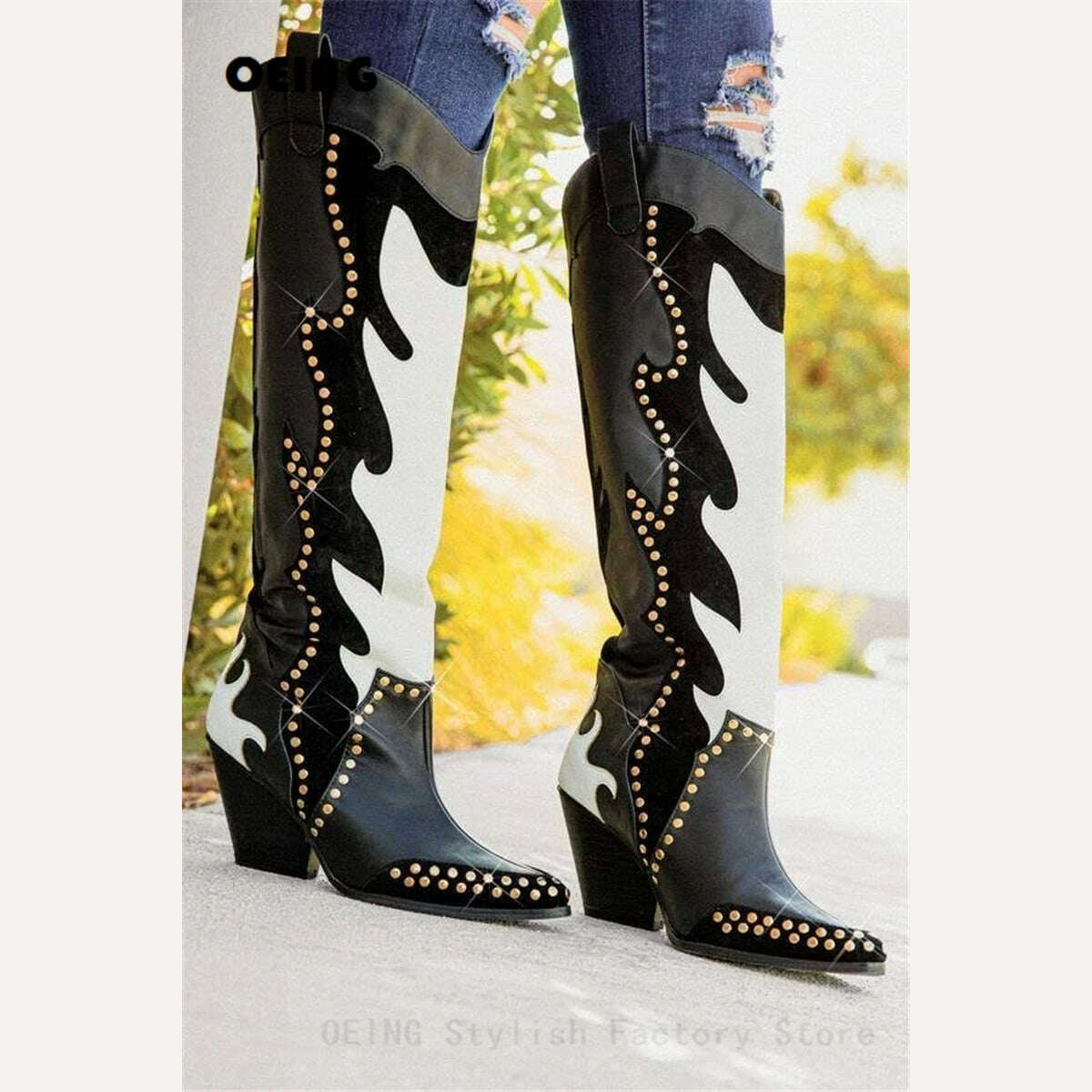 KIMLUD, Autumn Chunky Heels Studded Cowboy Boots Women Sexy Pointed Toe Knee High Boots Mixed Color Western Cowgirl Boots Botas De Mujer, KIMLUD Women's Clothes