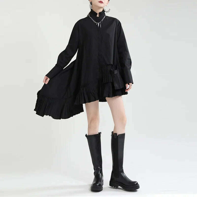 KIMLUD, Autumn clothes for women2023New product stand-up collar hem pleated French shirt skirt irregular loose large hem dress, black / One Size, KIMLUD Women's Clothes