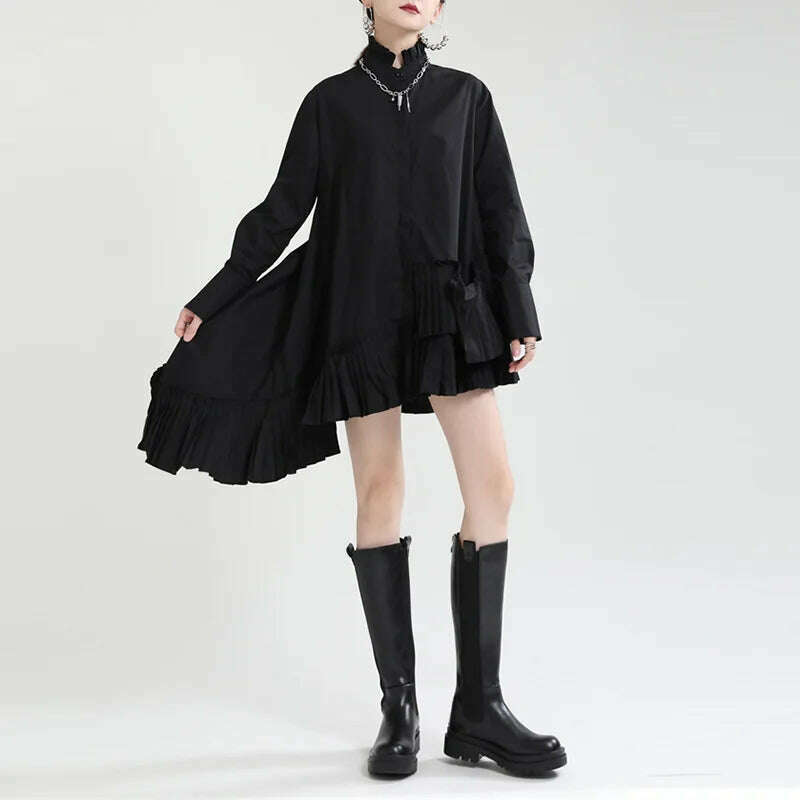 KIMLUD, Autumn clothes for women2023New product stand-up collar hem pleated French shirt skirt irregular loose large hem dress, black / One Size, KIMLUD Womens Clothes