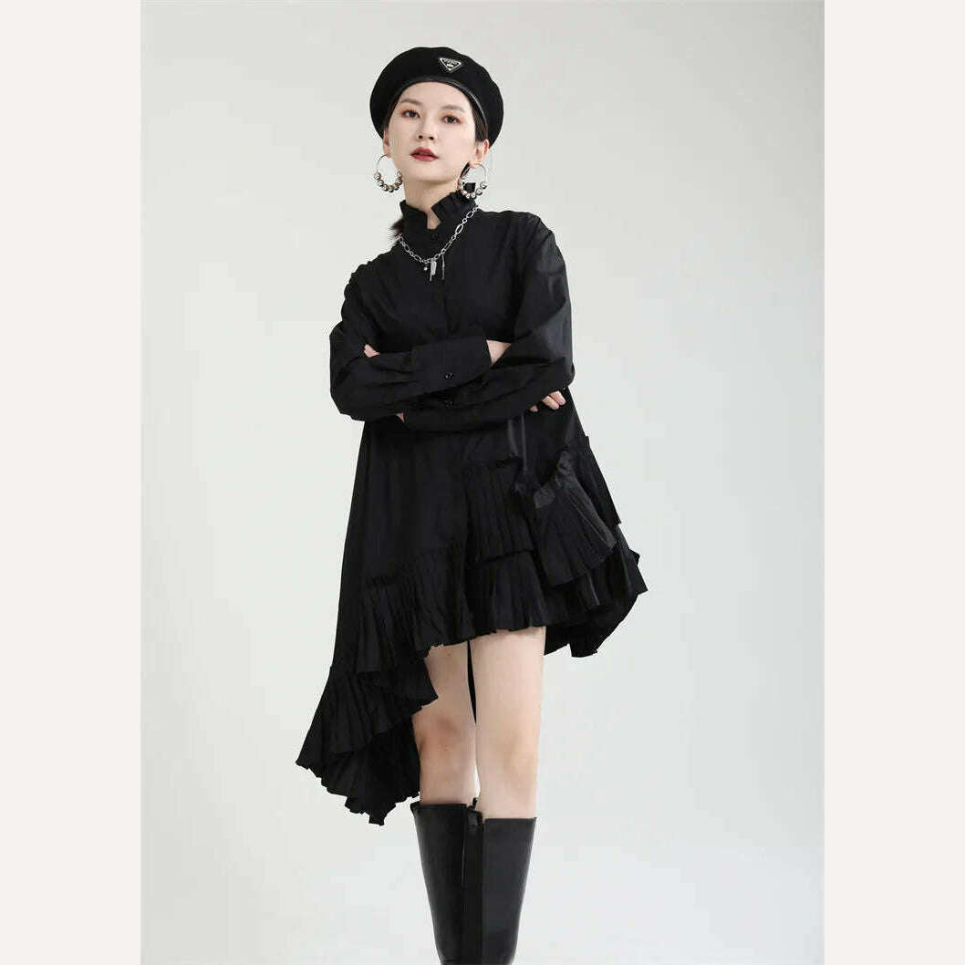 KIMLUD, Autumn clothes for women2023New product stand-up collar hem pleated French shirt skirt irregular loose large hem dress, KIMLUD Women's Clothes