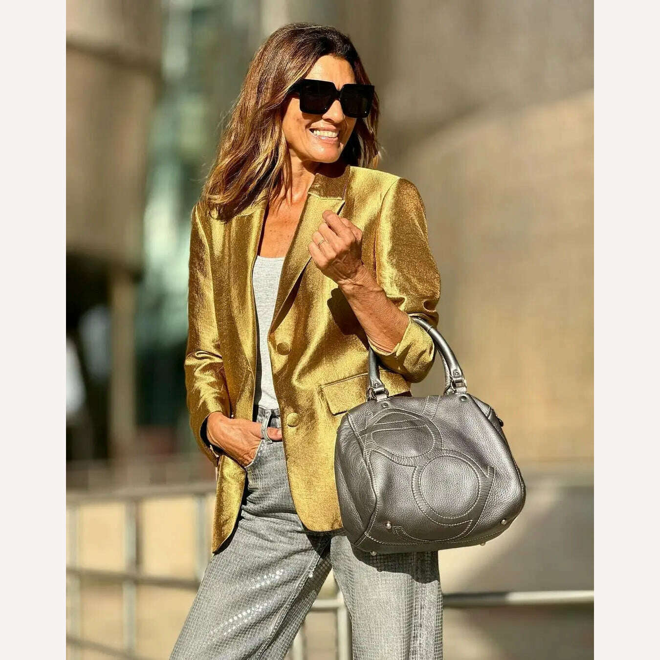 KIMLUD, Autumn Gold Color Blazer Jacket For Women Fashion Loose V Neck Long Sleeve Coat 2023 Elegant Lady Chic Party Streetwear New, KIMLUD Womens Clothes