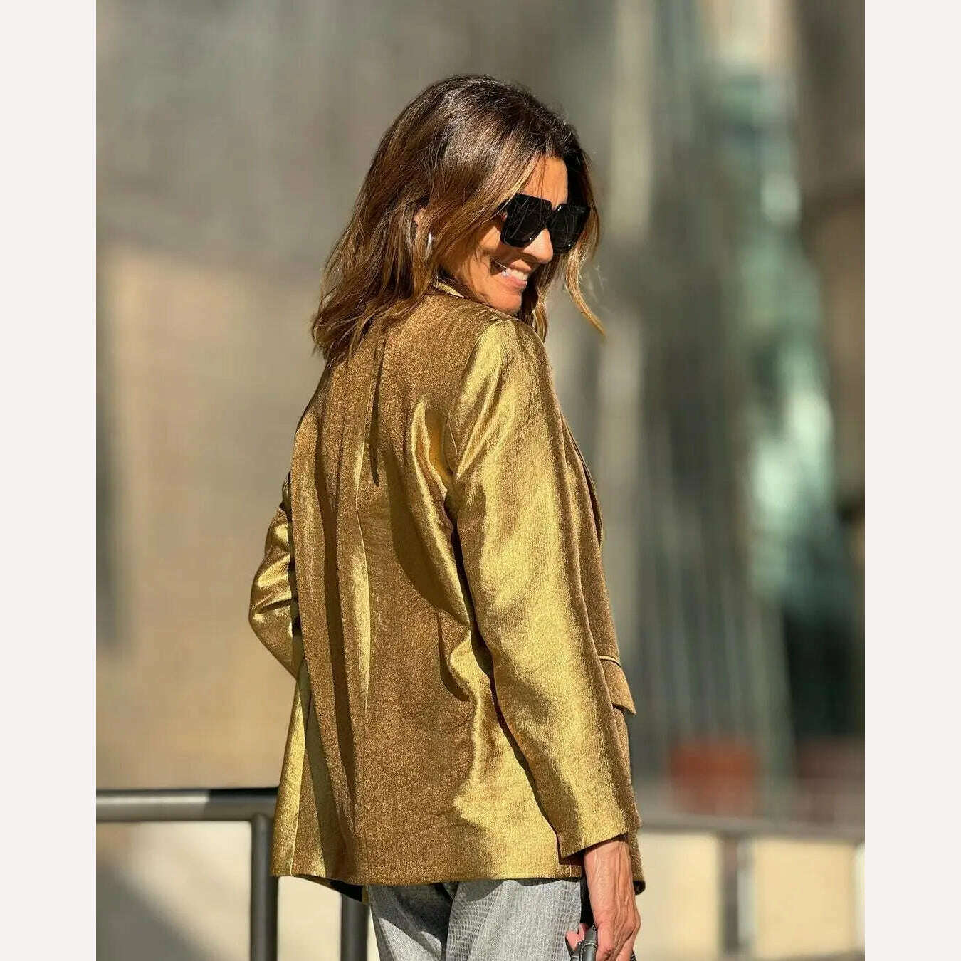 Autumn Gold Color Blazer Jacket For Women Fashion Loose V Neck Long Sleeve Coat 2023 Elegant Lady Chic Party Streetwear New, KIMLUD Women's Clothes