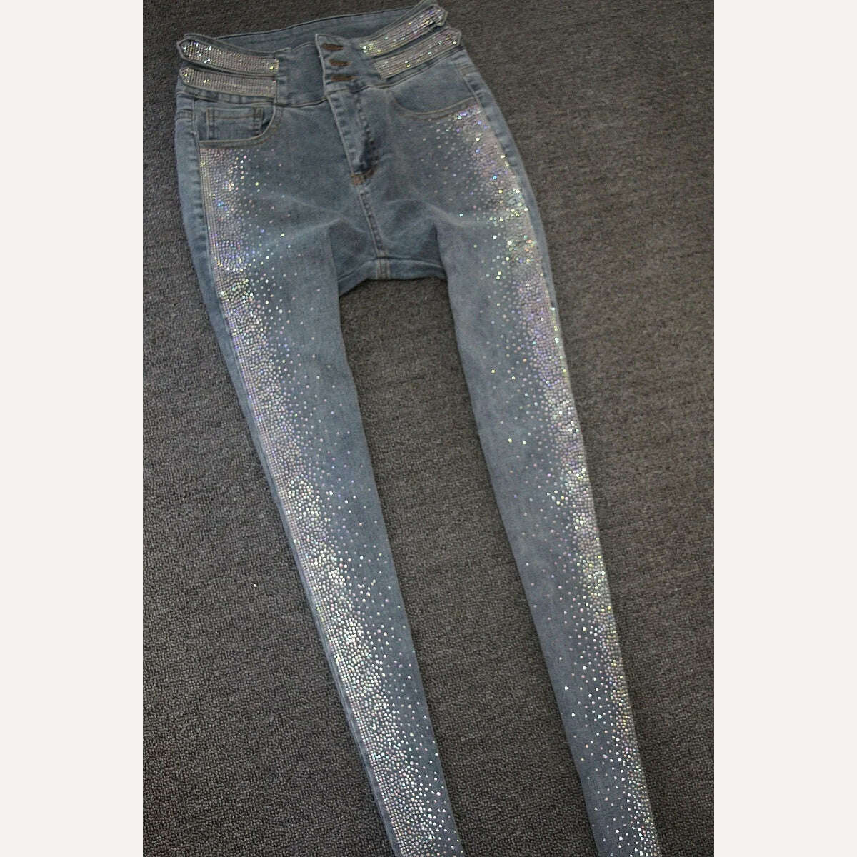 Autumn High-End 2023 High Waist Rhinestone Bling Gradient Gray Black Skinny Jeans Women Cotton Stretch Slim Fit Denim Boot Pants - KIMLUD