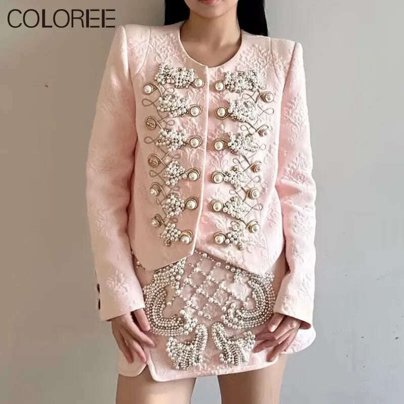 KIMLUD, Autumn Luxury Clothes Women 2023 Vintage Elegant Pink Beading Jacket and Skirt 2 Piece Sets Outfit Conjunto Deportivo Mujer, skirt / S, KIMLUD Womens Clothes