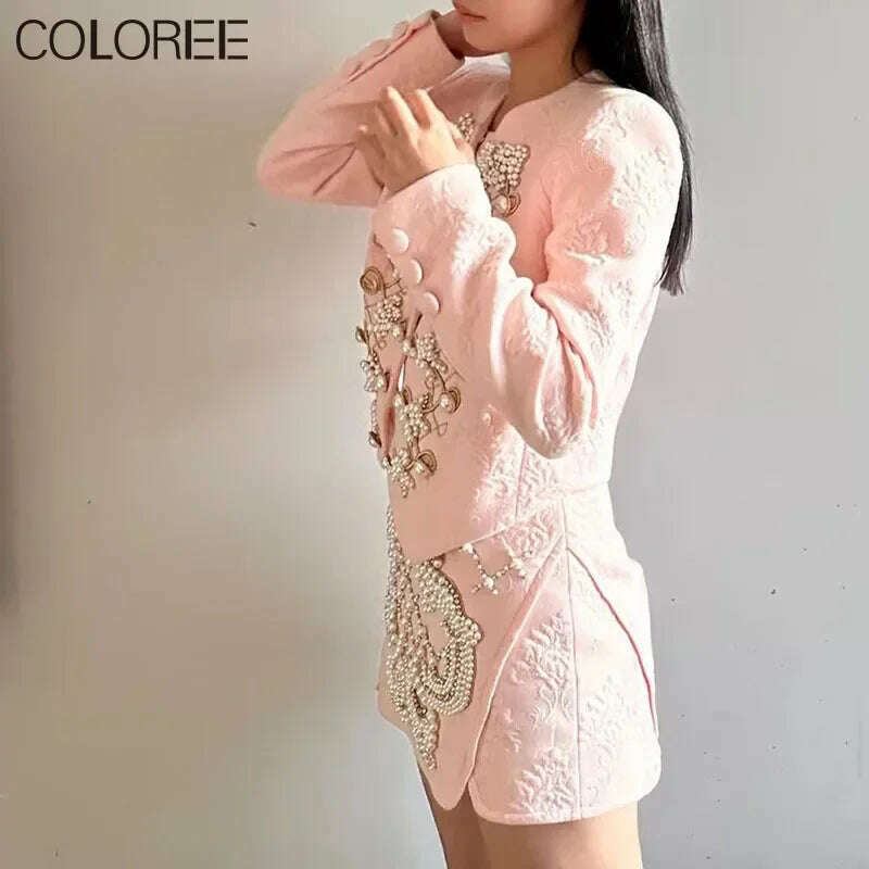 KIMLUD, Autumn Luxury Clothes Women 2023 Vintage Elegant Pink Beading Jacket and Skirt 2 Piece Sets Outfit Conjunto Deportivo Mujer, KIMLUD Womens Clothes