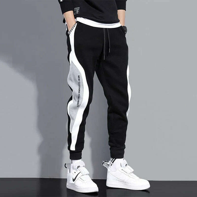 Autumn Men's Wide Loose Casual Pants Mens Patchwork Nine-point Sports Elastic Rope Breathable Tie-foot Trousers - KIMLUD