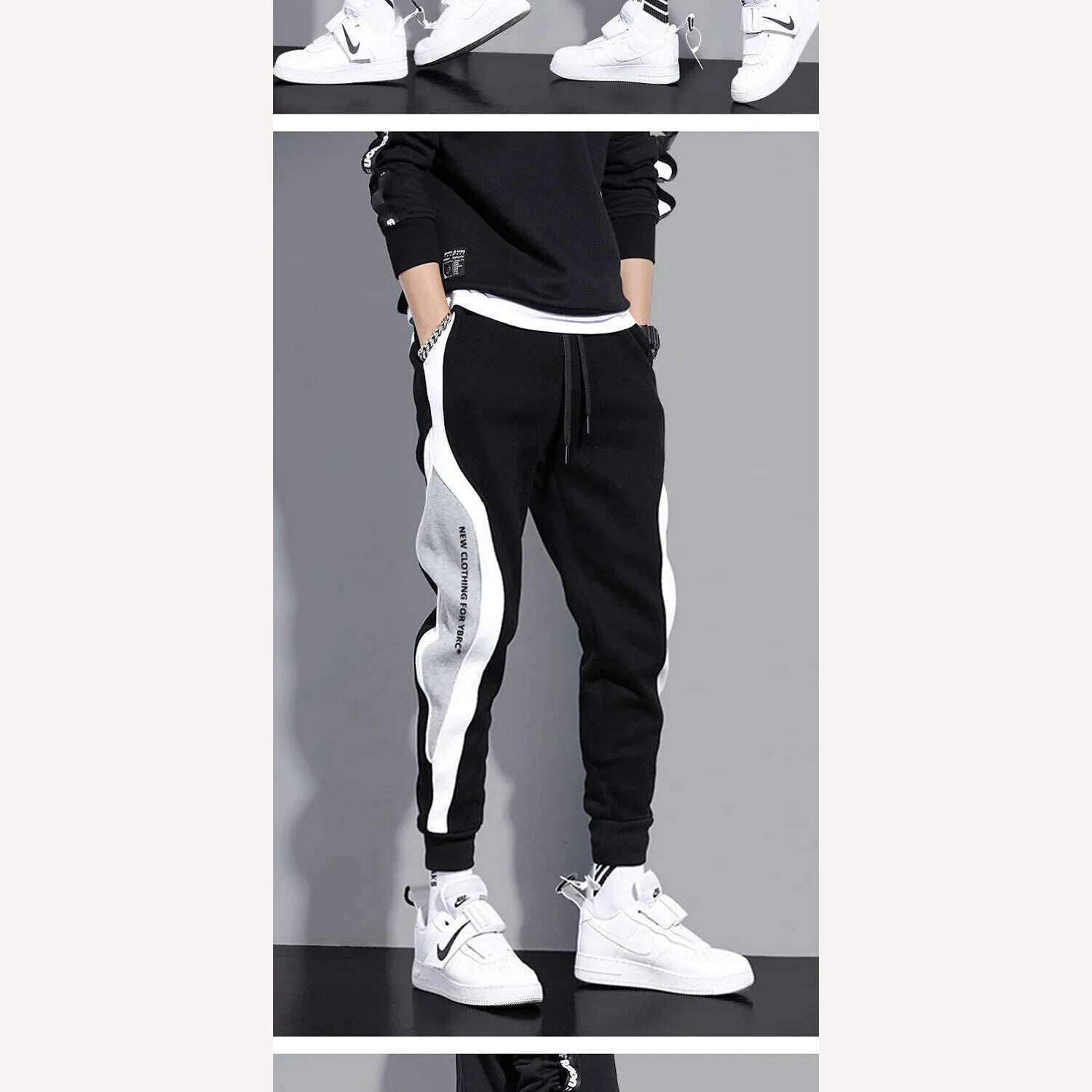 Autumn Men's Wide Loose Casual Pants Mens Patchwork Nine-point Sports Elastic Rope Breathable Tie-foot Trousers - KIMLUD