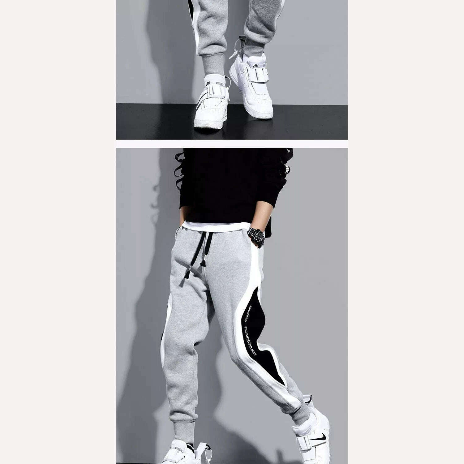 Autumn Men's Wide Loose Casual Pants Mens Patchwork Nine-point Sports Elastic Rope Breathable Tie-foot Trousers - KIMLUD