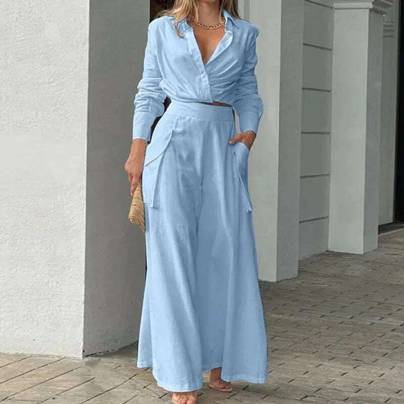 KIMLUD, Autumn New Women&#39;s Sets Casual Solid Color Long Sleeves Shirts High Waist Wide-leg Pants Two-piece Sets Commute Elegant Clothing, Light Blue / S, KIMLUD Women's Clothes
