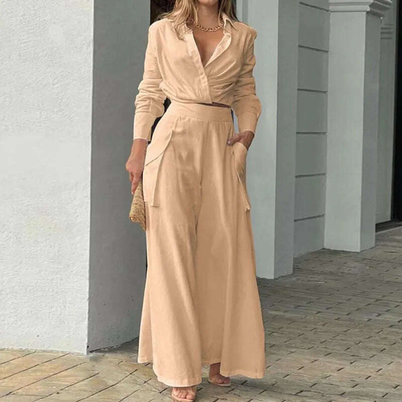 KIMLUD, Autumn New Women&#39;s Sets Casual Solid Color Long Sleeves Shirts High Waist Wide-leg Pants Two-piece Sets Commute Elegant Clothing, Khaki / S, KIMLUD Women's Clothes