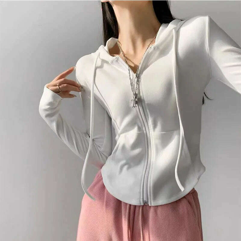 KIMLUD, Autumn Solid Cardigan Hoodies Zipper Tops Women Korean Spring Slim Long Sleeve Hooded Short Coat Y2k Vintage Student Sweatshirt, white / XXL, KIMLUD Womens Clothes