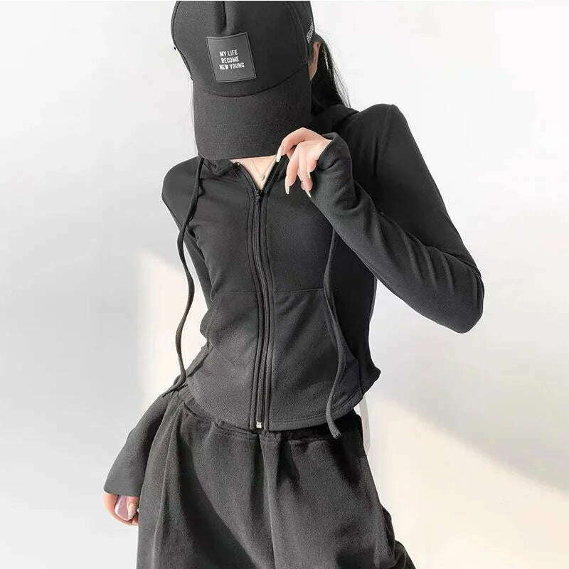 KIMLUD, Autumn Solid Cardigan Hoodies Zipper Tops Women Korean Spring Slim Long Sleeve Hooded Short Coat Y2k Vintage Student Sweatshirt, black / XXL, KIMLUD Womens Clothes