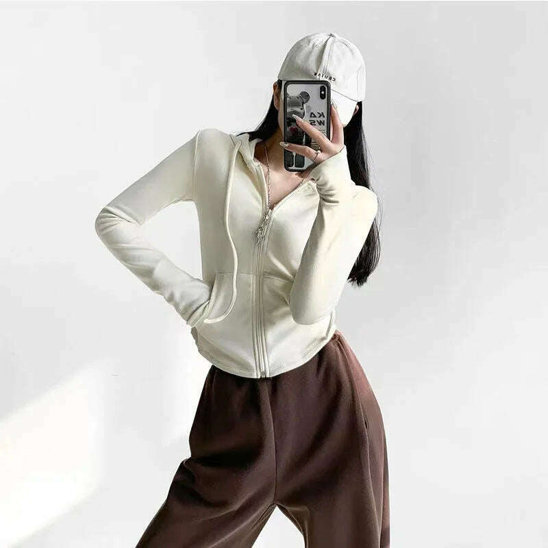 KIMLUD, Autumn Solid Cardigan Hoodies Zipper Tops Women Korean Spring Slim Long Sleeve Hooded Short Coat Y2k Vintage Student Sweatshirt, apricot / XXL, KIMLUD Womens Clothes