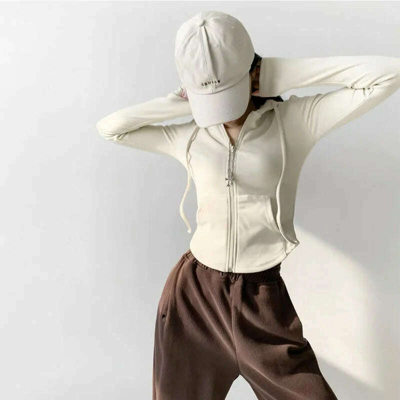 KIMLUD, Autumn Solid Cardigan Hoodies Zipper Tops Women Korean Spring Slim Long Sleeve Hooded Short Coat Y2k Vintage Student Sweatshirt, KIMLUD Womens Clothes